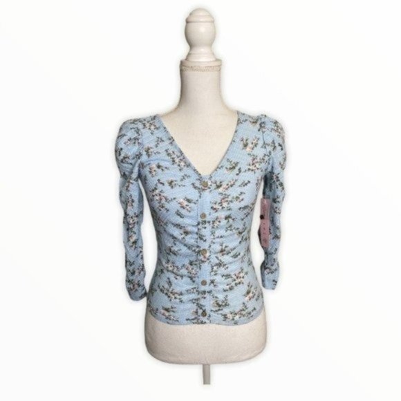 Crave Fame Tops - Crave Fame Top Blue Floral 3/4 Sleeves